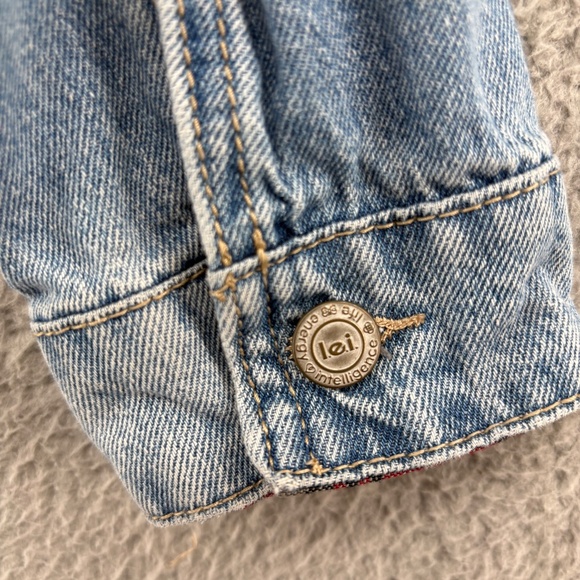 L.E.I. Sherpa Collar Denim Jacket Juniors M Blue Jean Trucker Plaid Lined Vtg - Picture 8 of 10